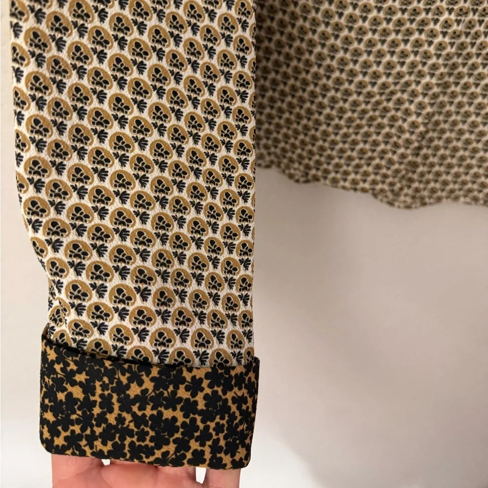 Zara Patterned Button Up Shirt Black Gold Tan White - Picture 3 of 6
